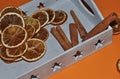 tray with cinnamon and oranges Royalty Free Stock Photo