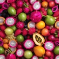 A tray of colorful and exotic tropical fruits, like dragon fruit and passion fruit2