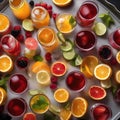 A tray of colorful iced teas with fruit slices and honey sticks1