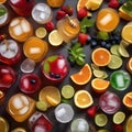 A tray of colorful iced teas with fruit slices and honey sticks2