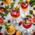 A tray of colorful mocktails garnished with fresh fruit slices and mint leaves3