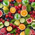 A tray of colorful mocktails garnished with fresh fruit slices and mint leaves4