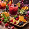 A tray of colorful mocktails garnished with fruit skewers and edible flowers1