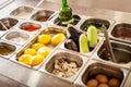 Tray with cooked food on showcase at cafeteria Royalty Free Stock Photo