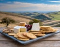 A tray of crisp crackers artis cheeses and charerie spreads set up against a backdrop