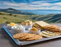 A tray of crisp crackers artis cheeses and charerie spreads set up against a backdrop