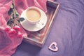 Tray with cup of coffee and roses. concept of Valentine`s Day. t Royalty Free Stock Photo