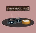 Tray with cups containing espresso coffee. romantic colors