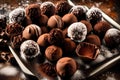 A tray of decadent chocolate truffles with a dusting of cocoa powder