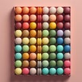 A tray of delicate and colorful macarons, arranged in neat rows on a pastel surface