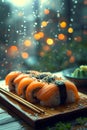 A tray of California roll sushi with chopsticks on a wooden table by a window Royalty Free Stock Photo