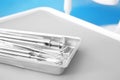 Tray with dental tools on table, closeup Royalty Free Stock Photo