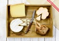 Tray different french cheeses with bread