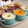 Tray of diverse sauces and dips in beautiful bowls Royalty Free Stock Photo