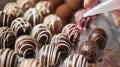 Tray filled with assorted chocolates being dipped into a vat of creamy white chocolate, ready to be coated for a Royalty Free Stock Photo