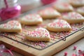 A tray filled with a variety of sugar cookies that have been meticulously decorated with colorful sprinkles, A heart-shaped cookie Royalty Free Stock Photo