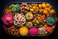 Tray Filled With Vibrant Holi Sweets And Snacks. Generative AI