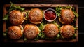 Delicious Burgers On A Wooden Board With Multilayered Texture