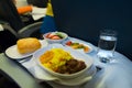 Tray of food on the airplane Royalty Free Stock Photo