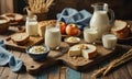 A tray of food is on a table, including milk, bread, and apples.