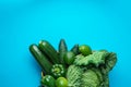 Tray with Fresh Organic Green Vegetables Savoy Cabbage Zucchini Cucumbers Bell Peppers Avocados on Bright Blue Background Royalty Free Stock Photo