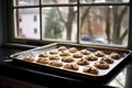 a tray of freshly baked cookies cooling next to a kitchen window
