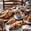 A tray of freshly baked croissants and a hot cup of espresso on a cafe table4