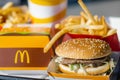 tray full of fast food in McDonalds Restaurant, Big Mac Menu with McDonalds logo box, Cheeseburger, French fries, Cola