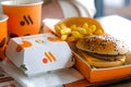 tray full of fast food in Russian McDonalds Restaurant Vkusno I Tochka, Big Mac Menu, chicken nuggets new logo box Royalty Free Stock Photo