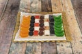 Tray full of homemade chewy gummies based on gelatin and added sugars or sweeteners, colorants