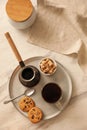 Tray with glass cup of coffee, sugar, cookies and turkish pot on white marble table, flat lay Royalty Free Stock Photo