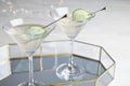 Tray with glasses of cucumber martini on grey table Royalty Free Stock Photo