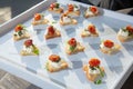 tray, goat cheese, tomato, toast, canape, crostini, appetizer