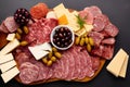 A tray of gourmet assortment of Italian sliced meat, olives and cheese. Top view, flat lay. Generative Artificial Intelligence