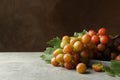 Tray of grape on gray table against brown