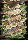 A Tray with grilled bass and lemon