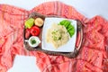 Tray with hingal with cheese and vegetabl, traditional Azerbaijani cuisine. Top view. Royalty Free Stock Photo