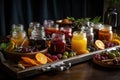 tray of homemade preserves, filled with assortment of fruits and spices