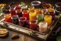 tray of homemade preserves, filled with assortment of fruits and spices