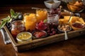 tray of homemade preserves, filled with assortment of fruits and spices