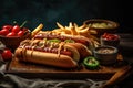 A tray with hotdogs on a wooden surface. Generative AI