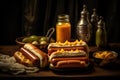 A tray with hotdogs on a wooden surface. Generative AI