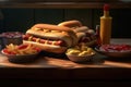 A tray with hotdogs on a wooden surface. Generative AI