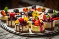 tray of individual cheesecakes, each topped with fresh fruit and drizzled with berry sauce