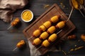 A tray of ketchup on a wooden table with a bowl of mustard on it. AI generation