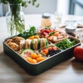 A tray of a lunch box with different types of food on it, AI Royalty Free Stock Photo