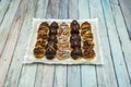 Tray of mini croissants with dark chocolate, grated white chocolate Royalty Free Stock Photo