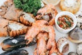 Tray of mussel, shrimp,prawns and clams with spicy and sour dipping sauce that is packed full of Thai seafood flavor. Royalty Free Stock Photo