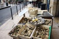 Tray of opened fresh oysters on ice with lemon and boxes of unopened oysters at a street cafe in Bordeaux, Aquitaine region. Fran