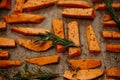 tray of oven baked sweet potato chips in closeup Royalty Free Stock Photo